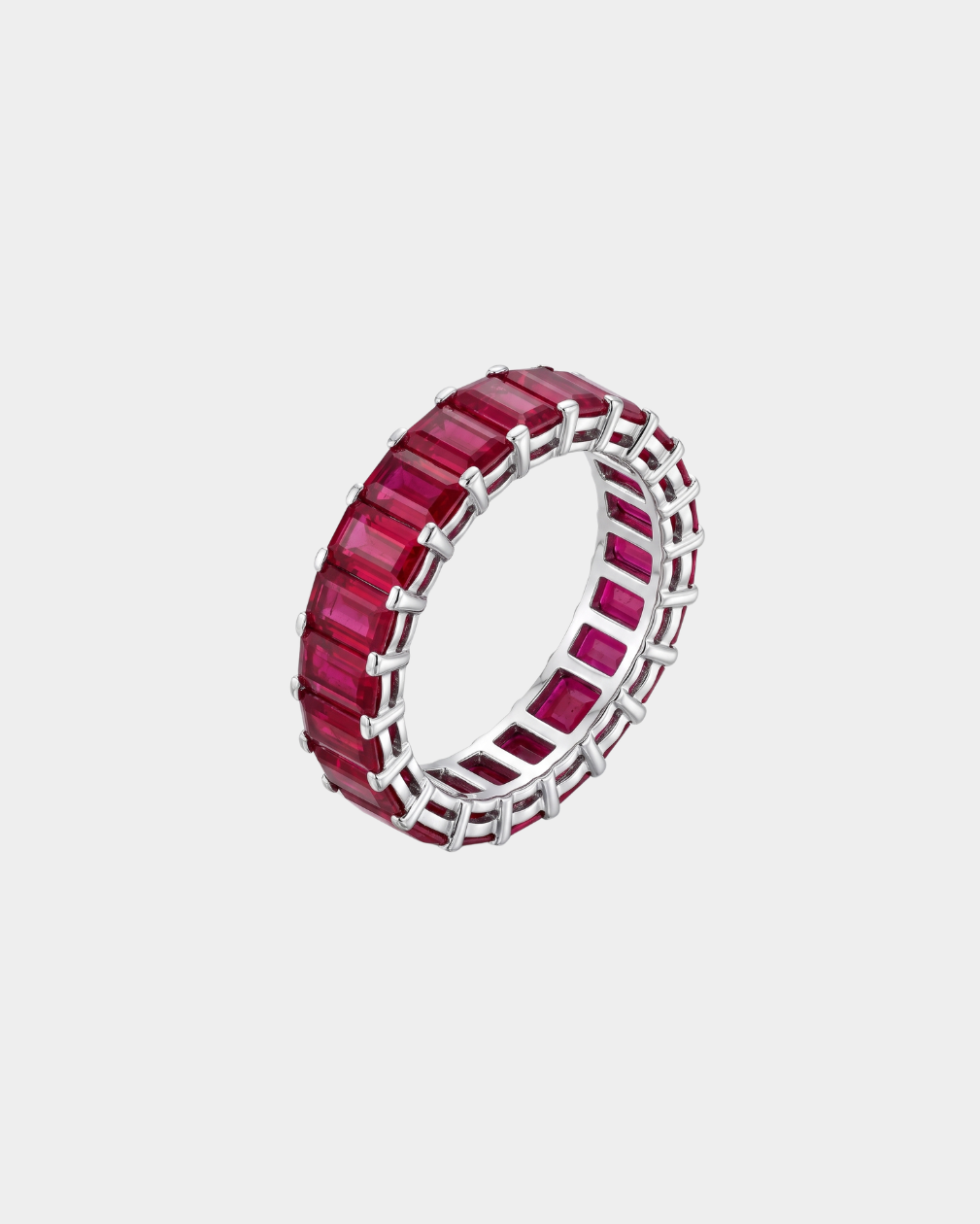 an eternity ring made of emerald-cut rubies 