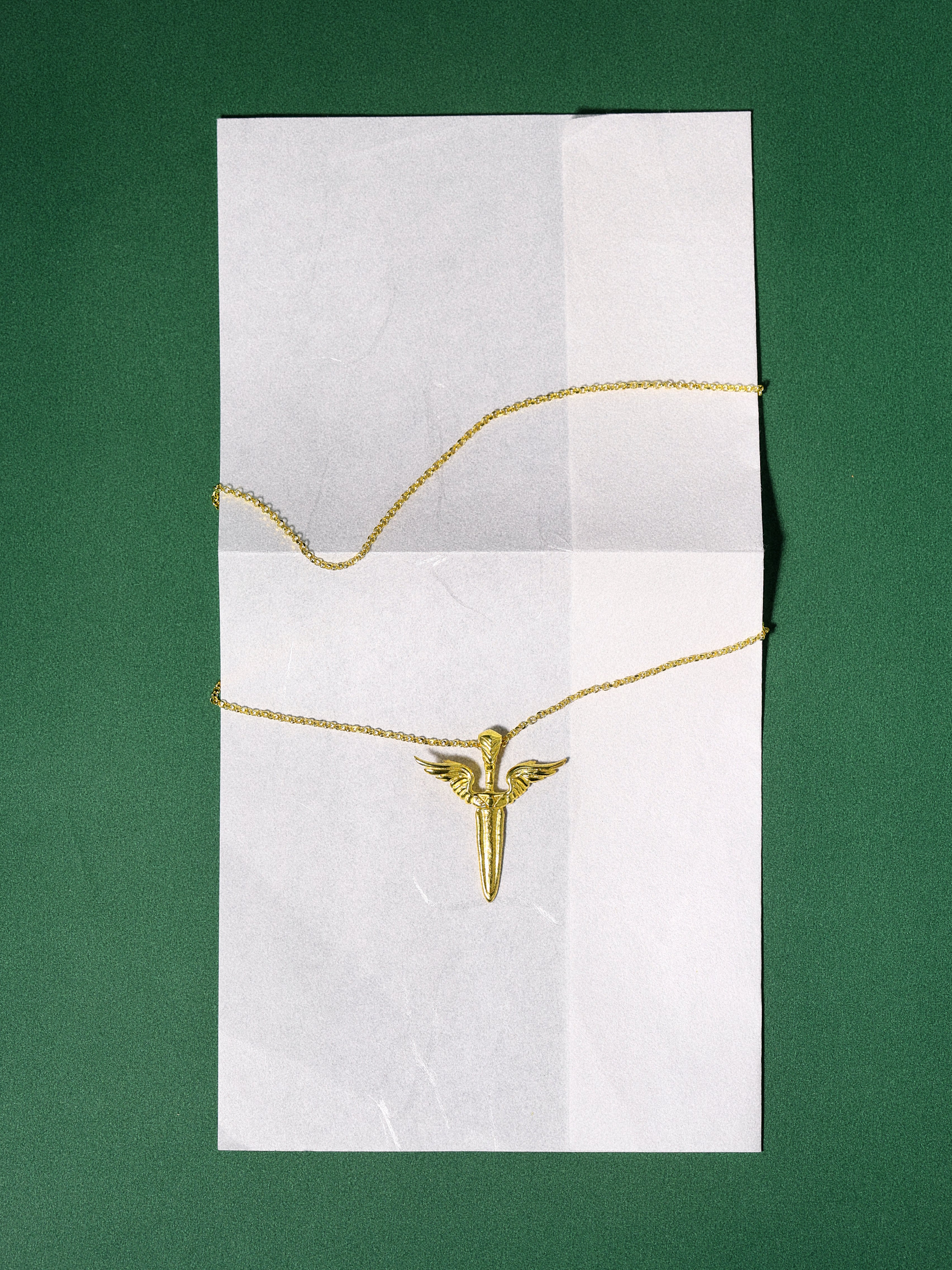 Gold necklace with a sword-shaped pendant on a white card against a green background