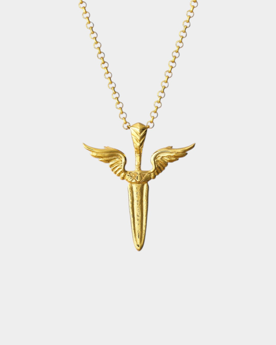 Gold necklace with a winged dagger pendant on a light gray background