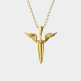 Gold necklace with a winged dagger pendant on a light gray background