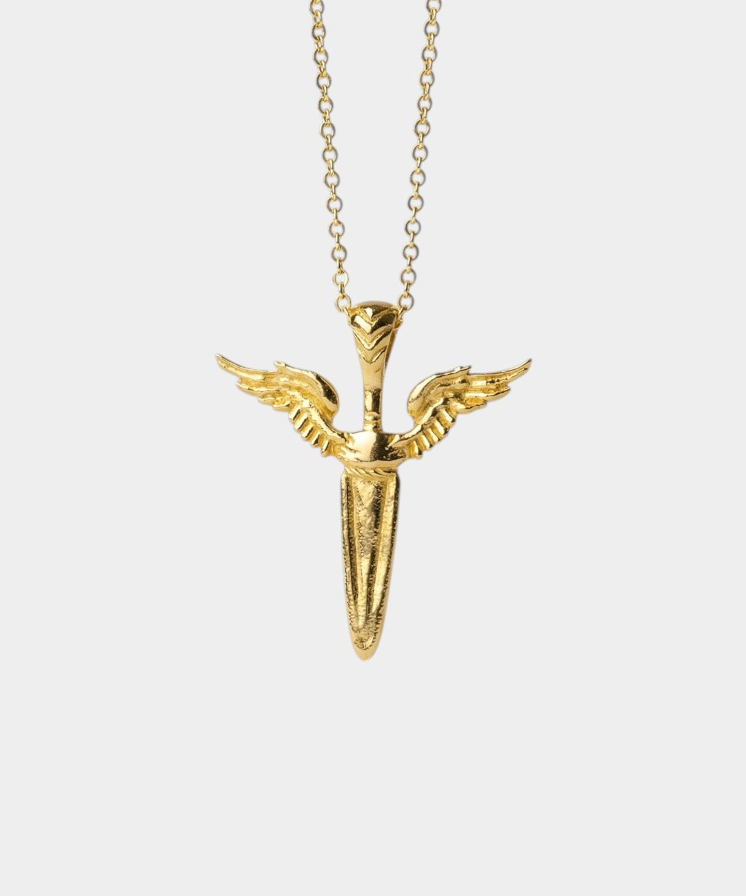 Gold necklace with a winged pendant on a white background