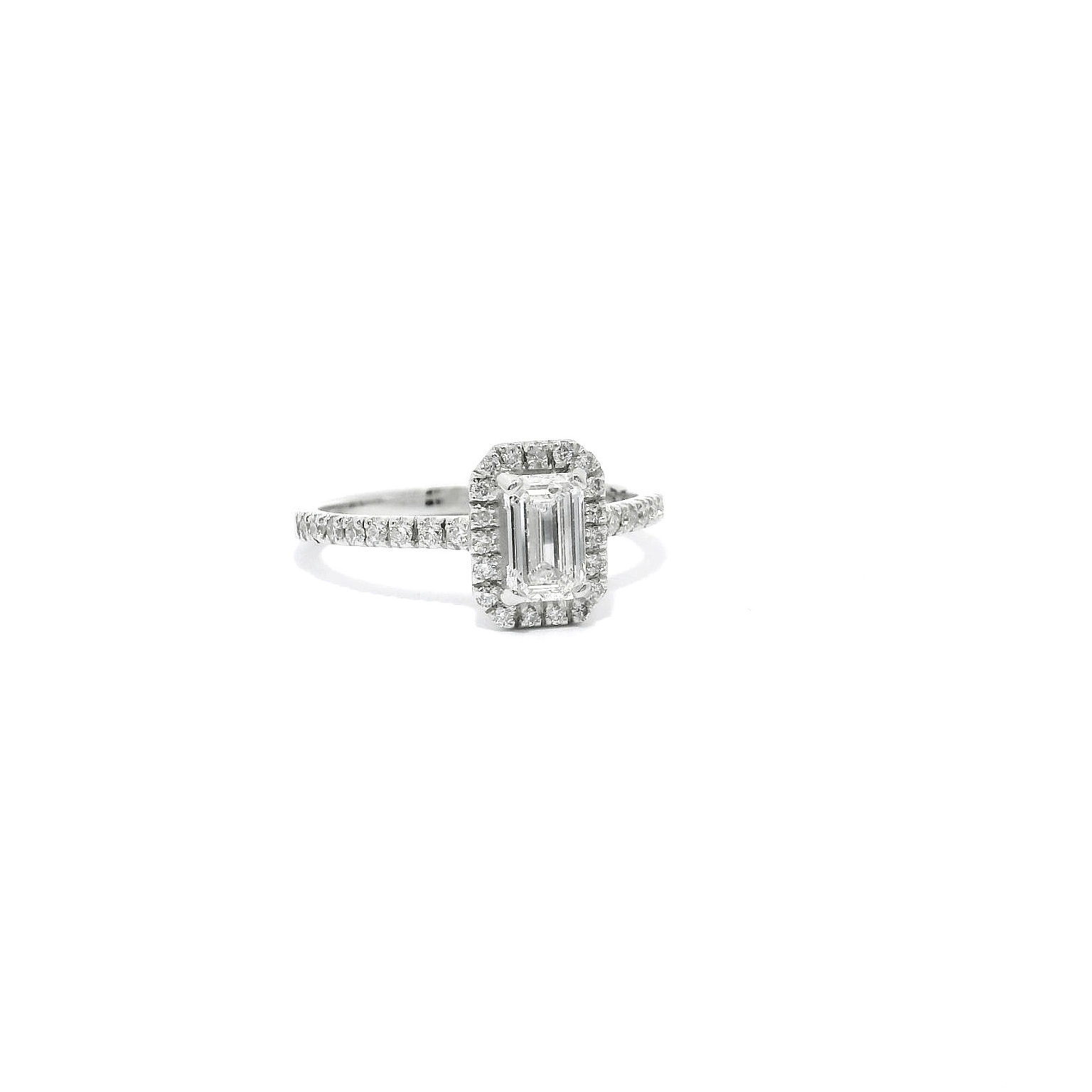 Emerald Cut Halo Engagement Ring With Pavé-Set Diamond Band – Papadopoulos
